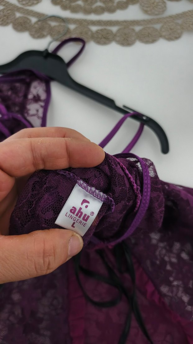 Mor Dantel Transparan Strappy Midi Gecelik - Görsel 3