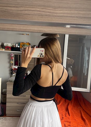 s Beden Siyah Halter Yaka Crop Top