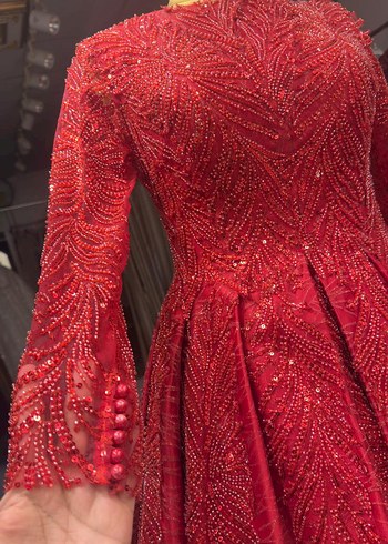 Uzun Kollu Klasik Kırmızı Henna Elbise - Görsel 4