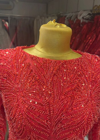 Uzun Kollu Klasik Kırmızı Henna Elbise - Görsel 2