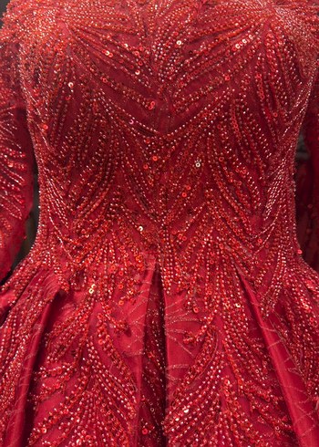 Uzun Kollu Klasik Kırmızı Henna Elbise - Görsel 3