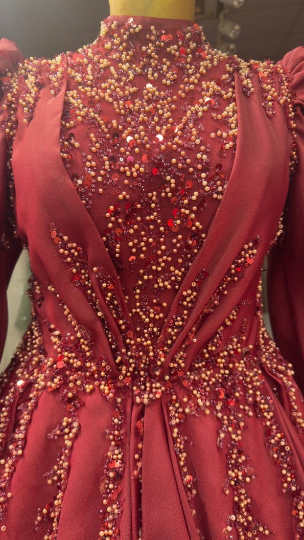 bordo İşlemeli Uzun Kollu Abiye Elbise - Görsel 3