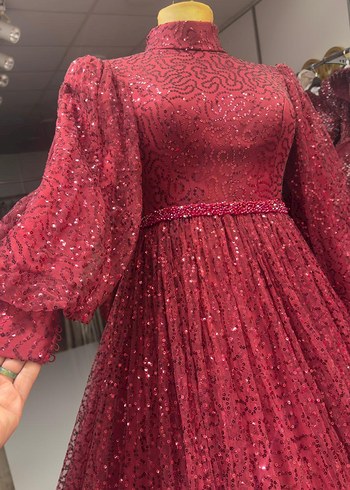 Bordo Uzun Kollu Abiye Elbise - Görsel 3