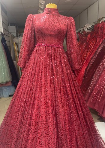 Bordo Uzun Kollu Abiye Elbise - Görsel 2