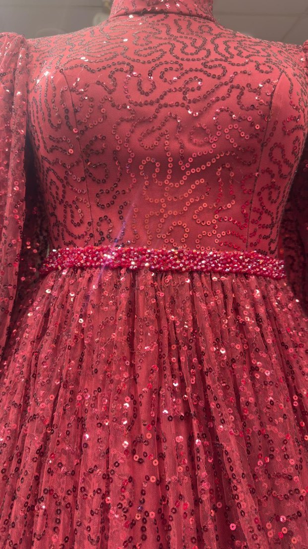 Bordo Uzun Kollu Abiye Elbise - Görsel 4