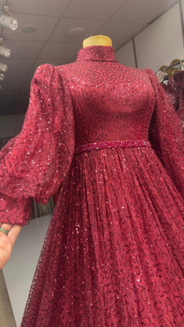 Bordo Uzun Kollu Abiye Elbise - Görsel 3