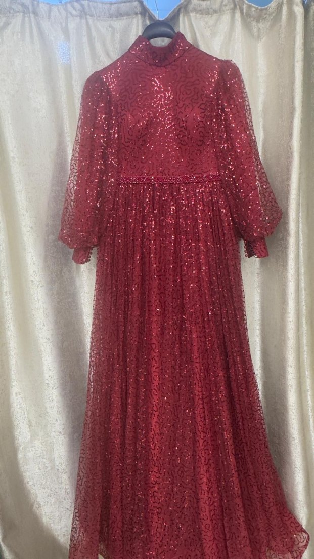 Bordo Uzun Kollu Abiye Elbise - Görsel 5