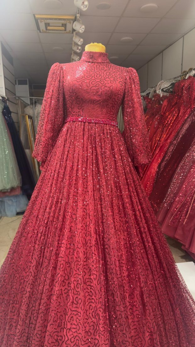 Bordo Uzun Kollu Abiye Elbise - Görsel 2