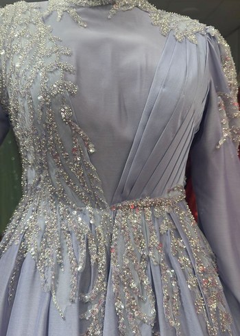 Mor İşlemeli Uzun Kollu V drapeli Abiye Elbise - Görsel 2