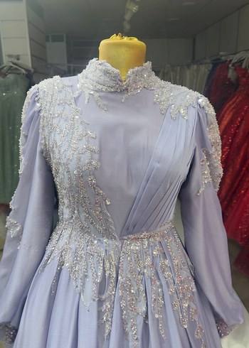 Mor İşlemeli Uzun Kollu V drapeli Abiye Elbise - Görsel 4