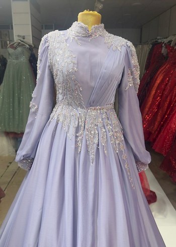 Mor İşlemeli Uzun Kollu V drapeli Abiye Elbise - Görsel 5