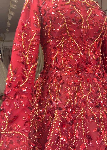 Bordo İşlemeli Uzun Kollu Abiye Elbise - Görsel 2