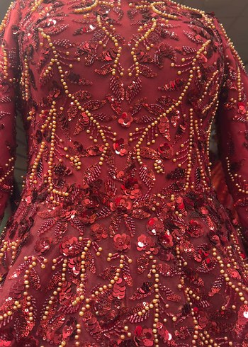 Bordo İşlemeli Uzun Kollu Abiye Elbise - Görsel 3