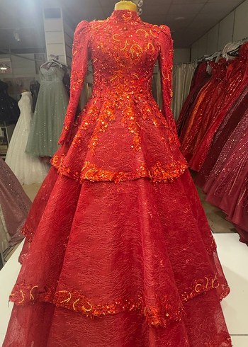 Uzun Kollu Klasik Kırmızı kına giriş kıyafeti - Görsel 4