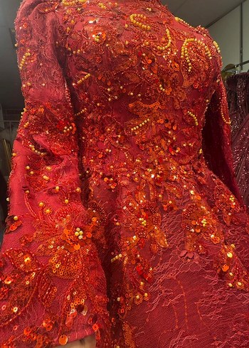 Uzun Kollu Klasik Kırmızı kına giriş kıyafeti - Görsel 3