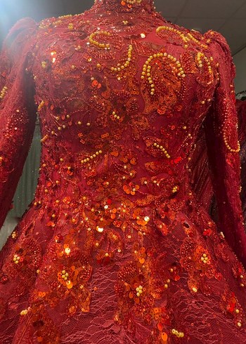 Uzun Kollu Klasik Kırmızı kına giriş kıyafeti - Görsel 2