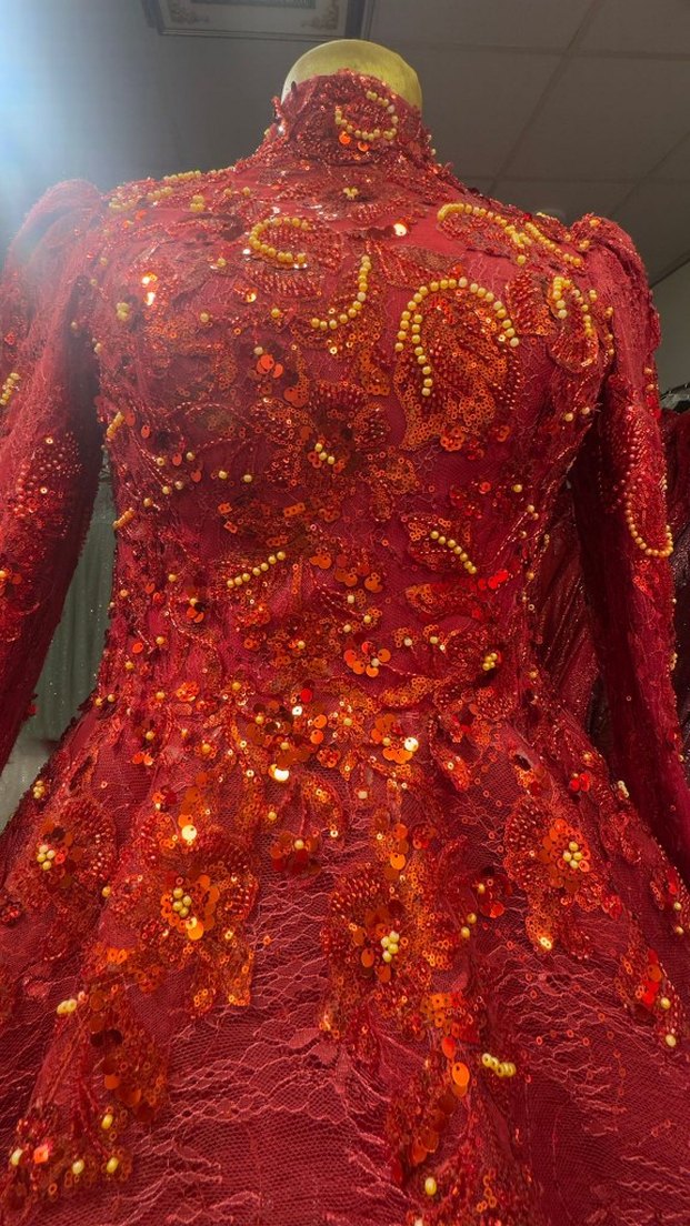 Uzun Kollu Klasik Kırmızı kına giriş kıyafeti - Görsel 2