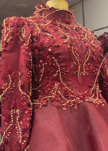 Bordo İşlemeli Uzun Kollu Kadın Kına Elbisesi - Görsel 4