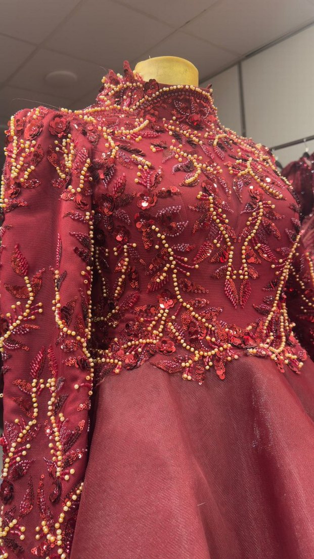 Bordo İşlemeli Uzun Kollu Kadın Kına Elbisesi - Görsel 4