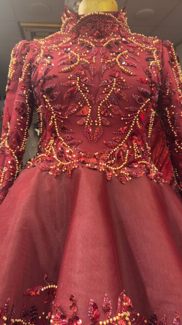 Bordo İşlemeli Uzun Kollu Kadın Kına Elbisesi - Görsel 2