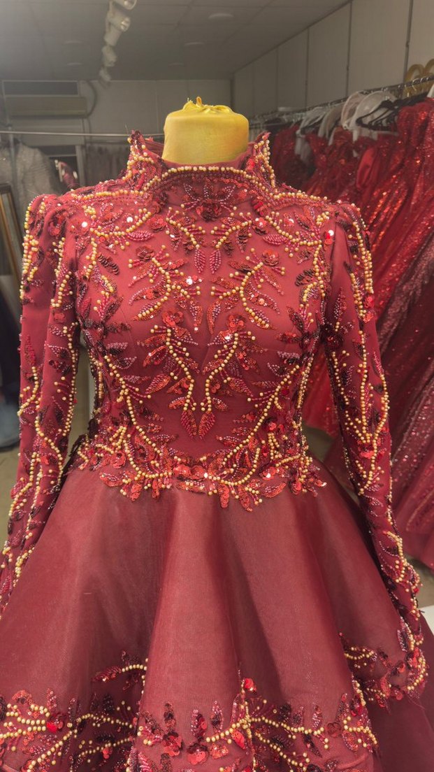 Bordo İşlemeli Uzun Kollu Kadın Kına Elbisesi - Görsel 3