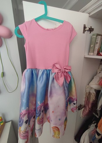 Pembe Unicorn Desenli Kız Elbisesi