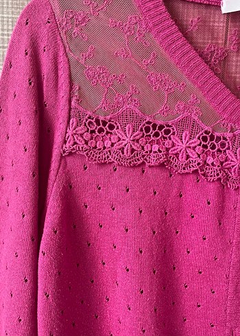 Dantel Detaylı Pembe Triko Kadın Hırka - Görsel 2