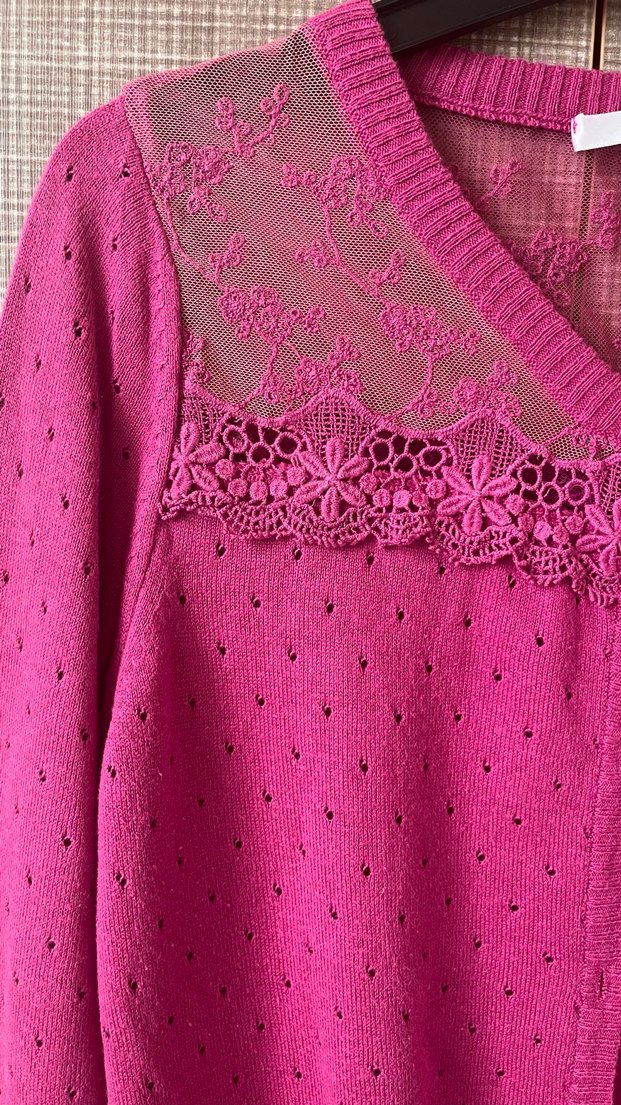 Dantel Detaylı Pembe Triko Kadın Hırka - Görsel 2