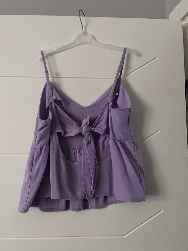 Mor V Yaka Kolsuz Keten Bluz - Görsel 2