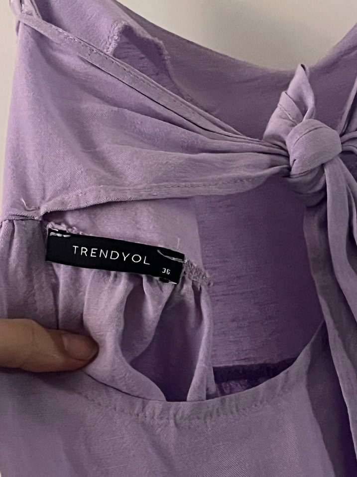 Mor V Yaka Kolsuz Keten Bluz - Görsel 3