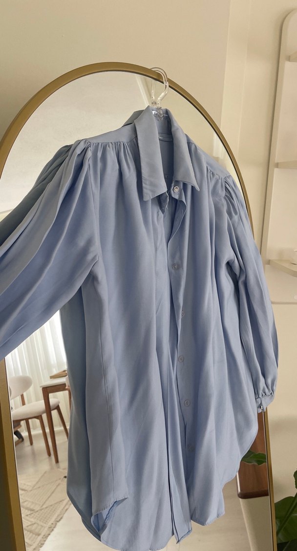 Mavi Keten Kadın Gömlek dökümlü - Görsel 2