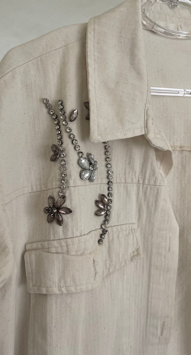 Bej Nakışlı Uzun Kollu Keten Gömlek - Görsel 2