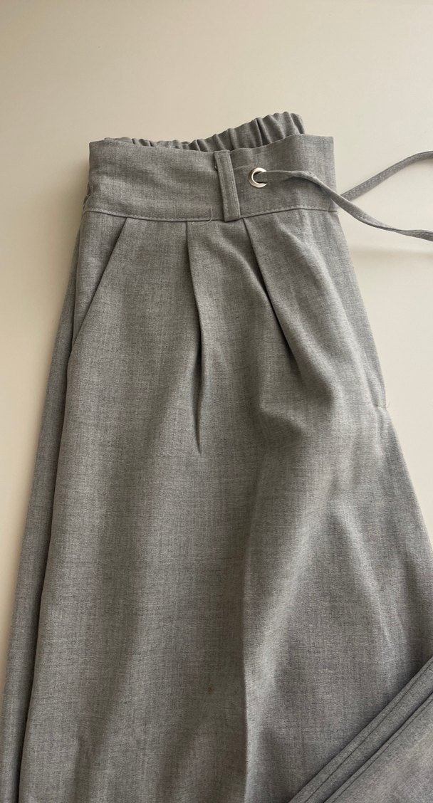 Kemerli Gri Keten Kadın Pantolon - Görsel 3