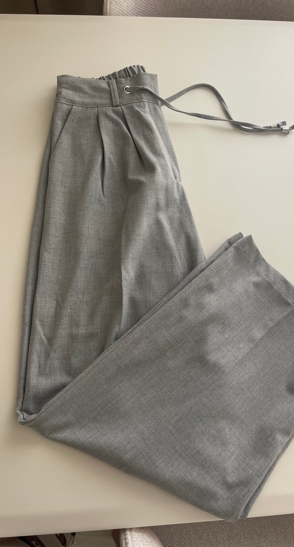 Kemerli Gri Keten Kadın Pantolon - Görsel 2