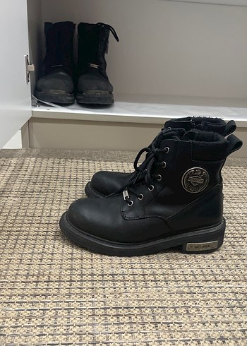 Siyah Deri Biker Botlar, Tokalı, Desenli - Görsel 5