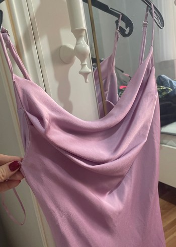 Lila Drapeli asimeteik midi Kadın Elbise - Görsel 5