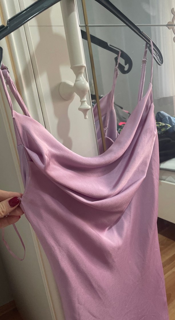 Lila Drapeli asimeteik midi Kadın Elbise - Görsel 5