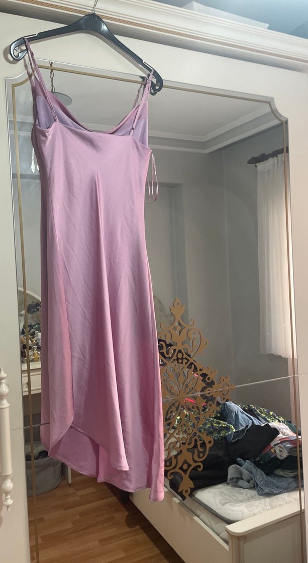 Lila Drapeli asimeteik midi Kadın Elbise - Görsel 2