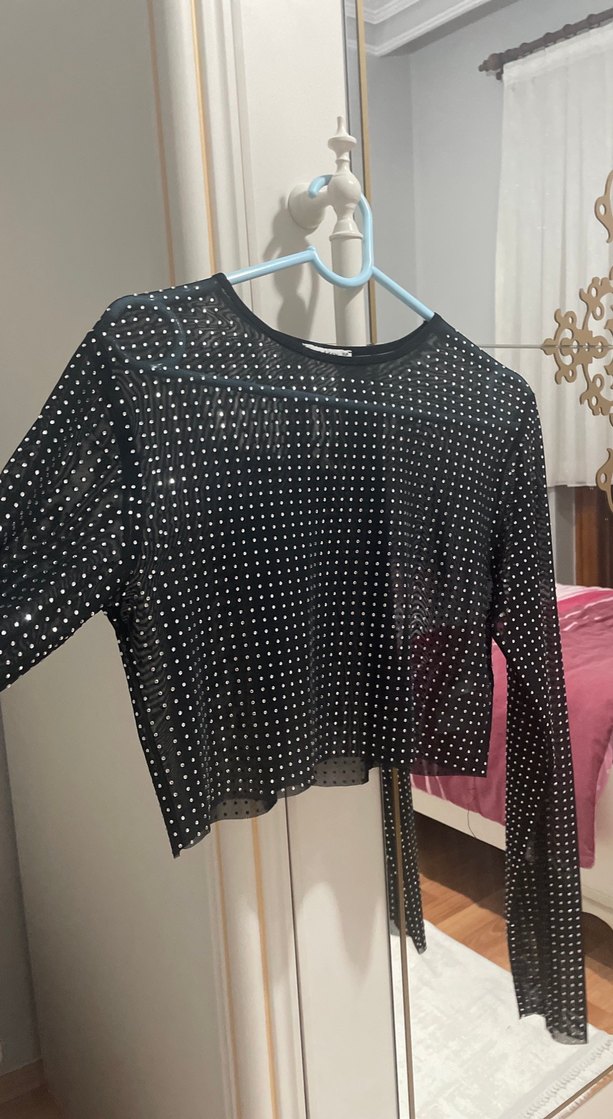 Uzun Kollu Siyah, taşlı Bluz - Görsel 2