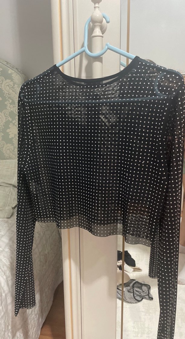 Uzun Kollu Siyah, taşlı Bluz - Görsel 5