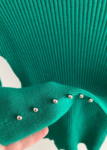 Yeşil Fitilli Boğazlı Triko Kadın Kazak - Görsel 2