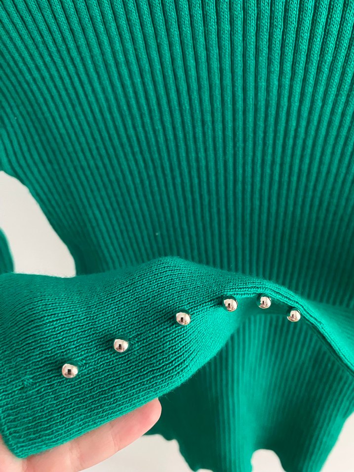 Yeşil Fitilli Boğazlı Triko Kadın Kazak - Görsel 2