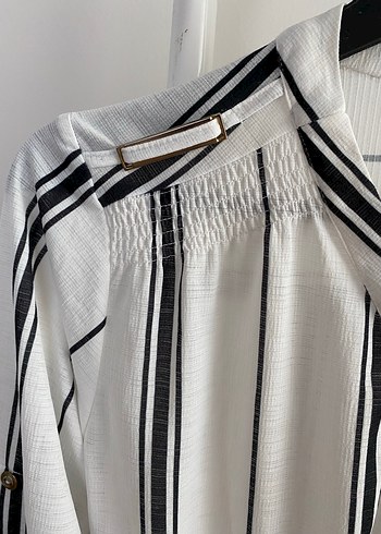 Düğmeli, Uzun Kollu Çizgili Kadın Gömlek - Görsel 4