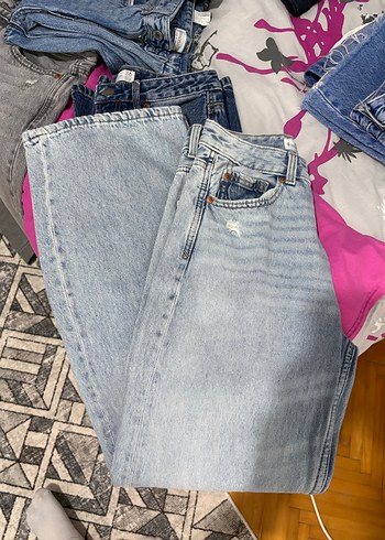 Stradivarius D92 Geniş Paça Mavi Denim Jean - Görsel 7