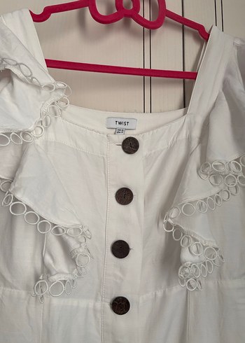 Düğmeli Beyaz Midi Twist Elbise - Görsel 2