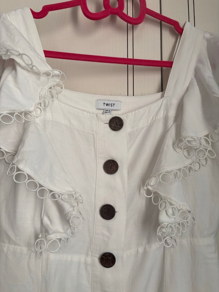 Düğmeli Beyaz Midi Twist Elbise - Görsel 2