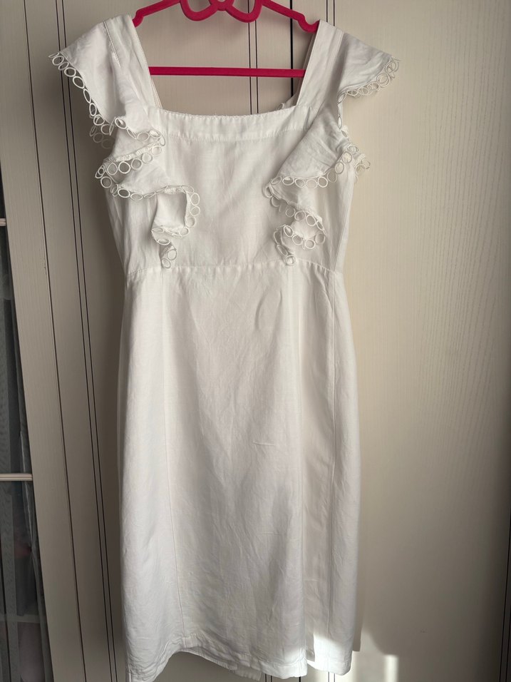 Düğmeli Beyaz Midi Twist Elbise - Görsel 4