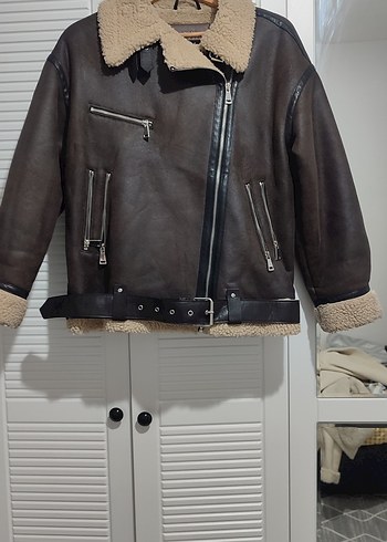 Kürk Detaylı Kahverengi Deri Biker Ceket