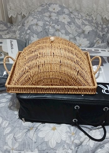 Bej Hasır tepsi  ve Sunumluk  ahşap düğme detaylı - Görsel 2