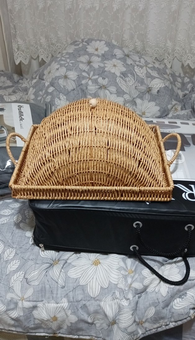 Bej Hasır tepsi  ve Sunumluk  ahşap düğme detaylı - Görsel 2